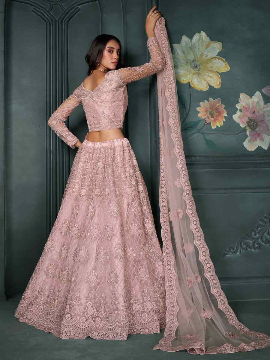 Peach Net Embroidered Bridesmaid Wedding Heavy Border Lehenga Choli