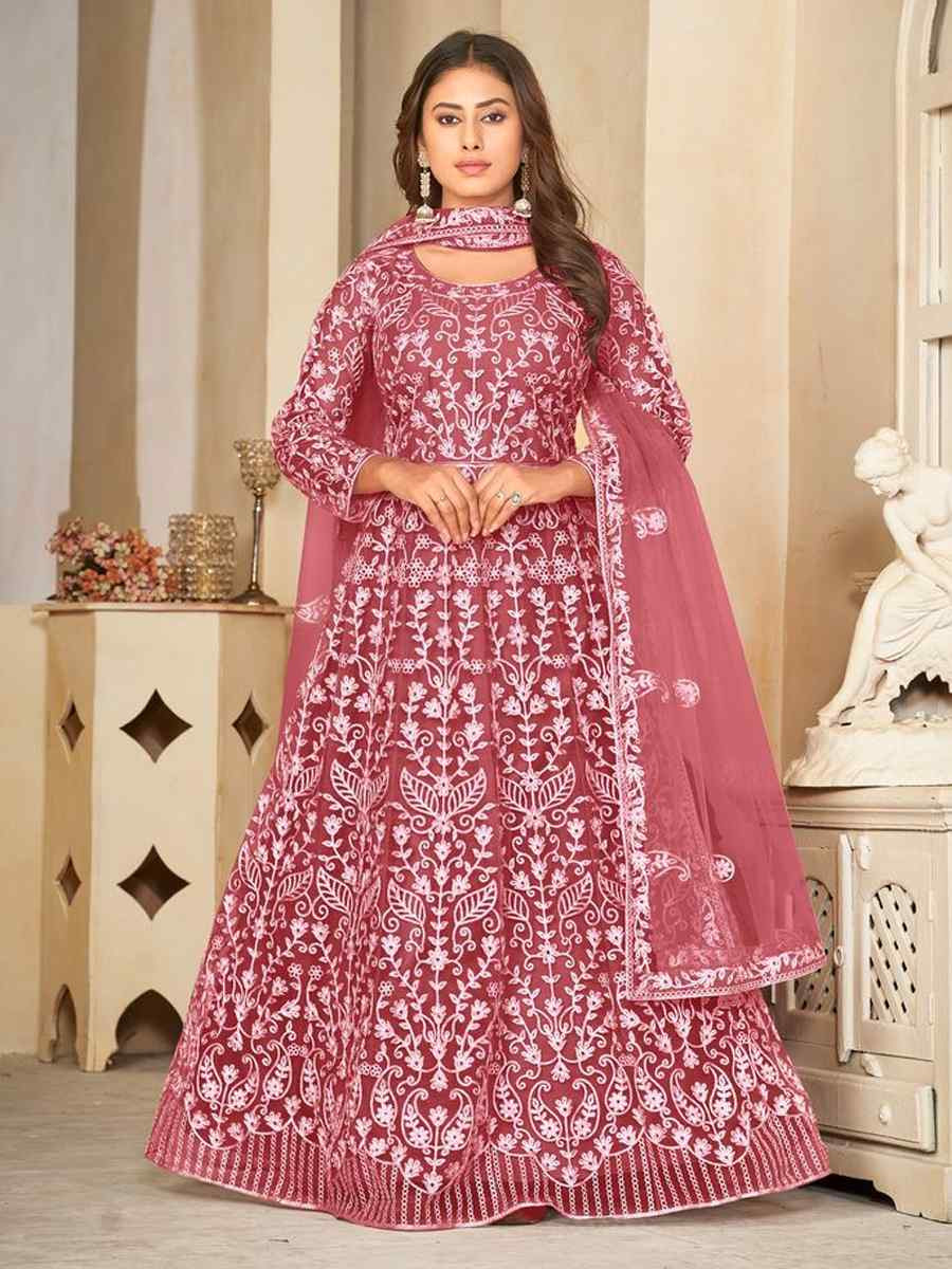 Peach Net Embroidered Festival Wedding Anarkali Salwar Kameez