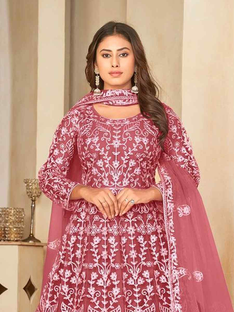 Peach Net Embroidered Festival Wedding Anarkali Salwar Kameez