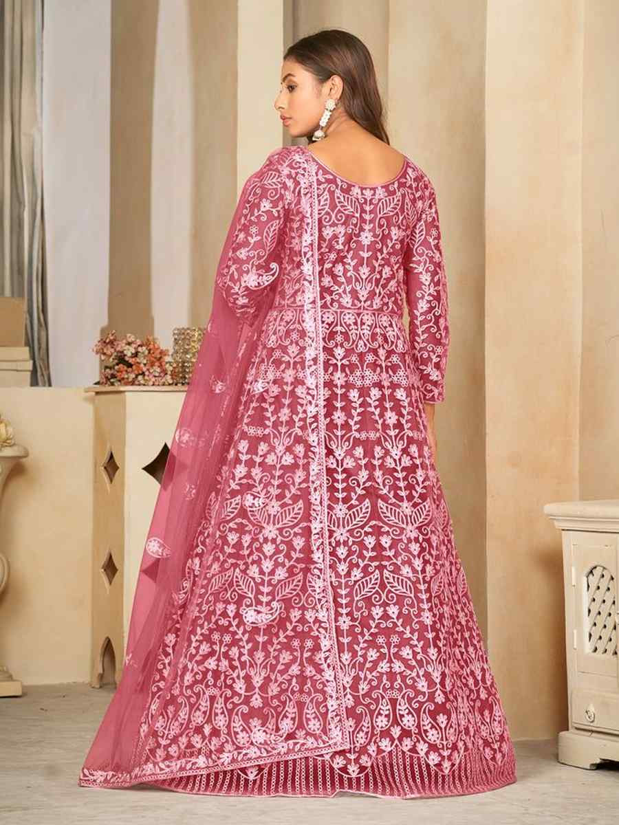 Peach Net Embroidered Festival Wedding Anarkali Salwar Kameez