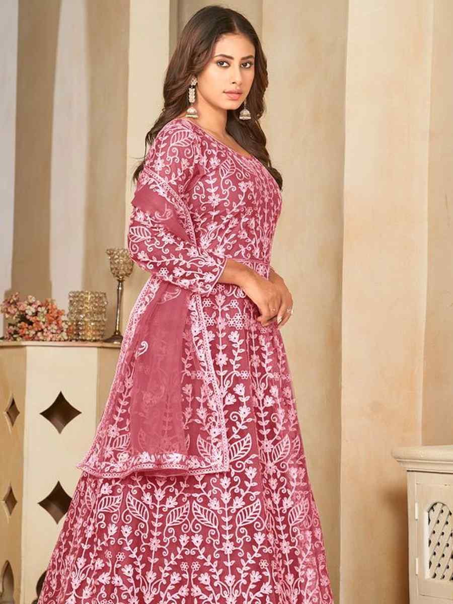 Peach Net Embroidered Festival Wedding Anarkali Salwar Kameez