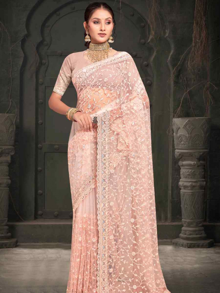 Peach Net Embroidered Reception Party Heavy Border Saree