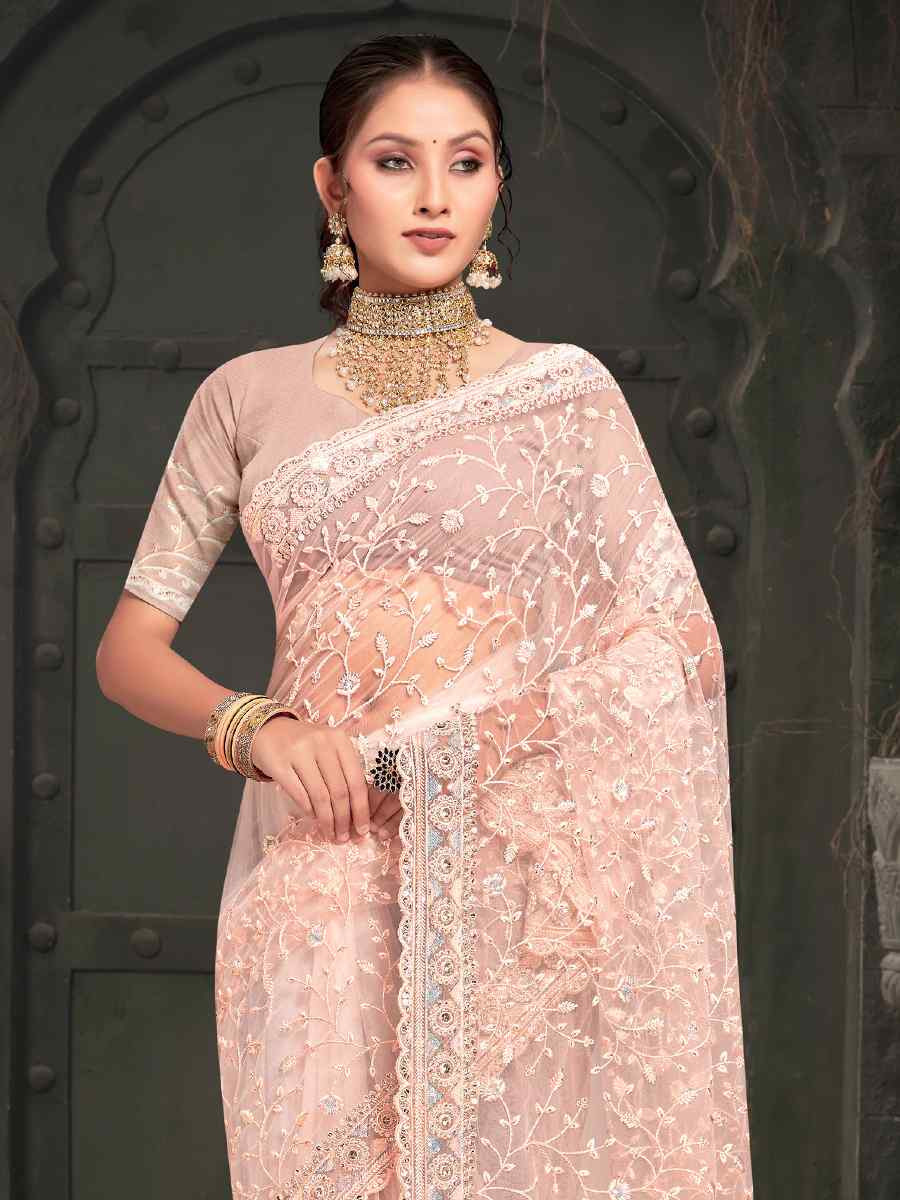 Peach Net Embroidered Reception Party Heavy Border Saree