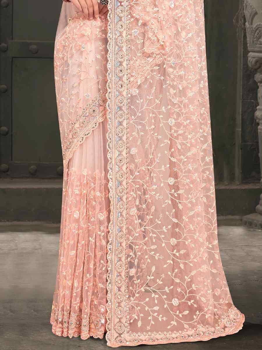 Peach Net Embroidered Reception Party Heavy Border Saree