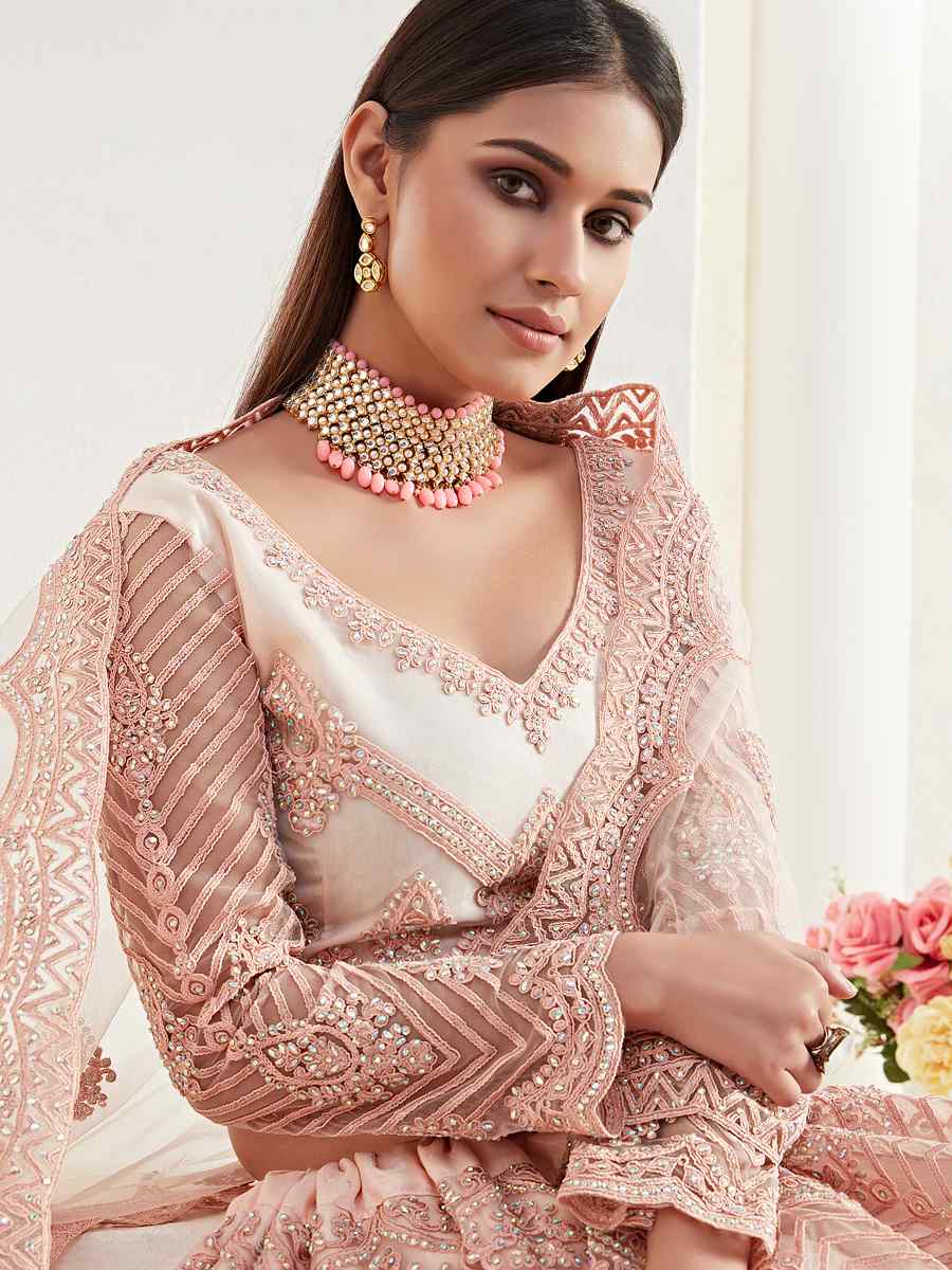 Peach Net Silk Embroidered Bridesmaid Wedding Heavy Border Lehenga Choli