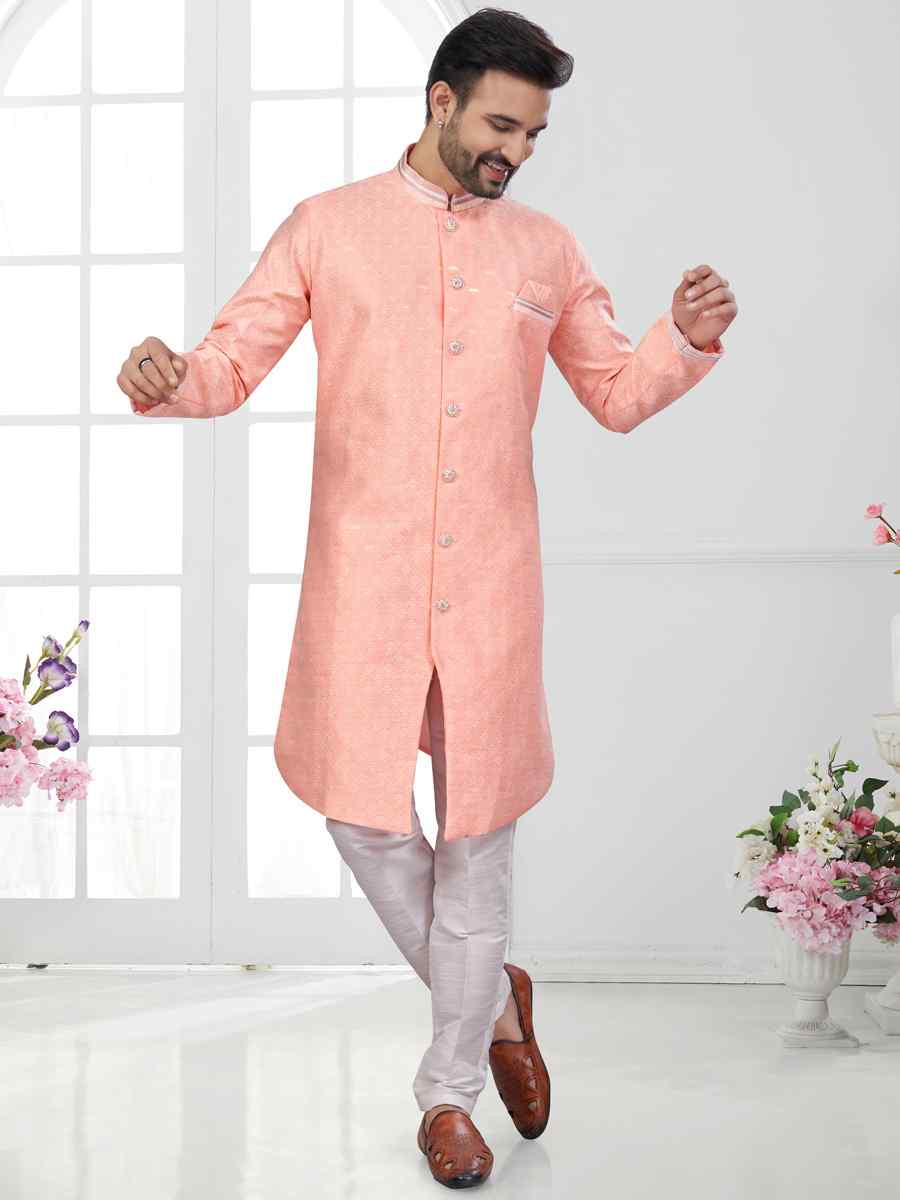 Peach Orange Silk Dupion Embroidered Festival Wedding Sherwani