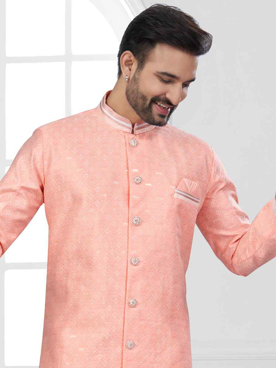 Peach Orange Silk Dupion Embroidered Festival Wedding Sherwani