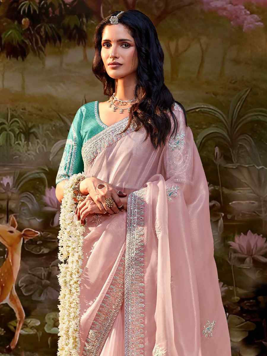 Peach Organza Chiffon Embroidered Reception Party Heavy Border Saree