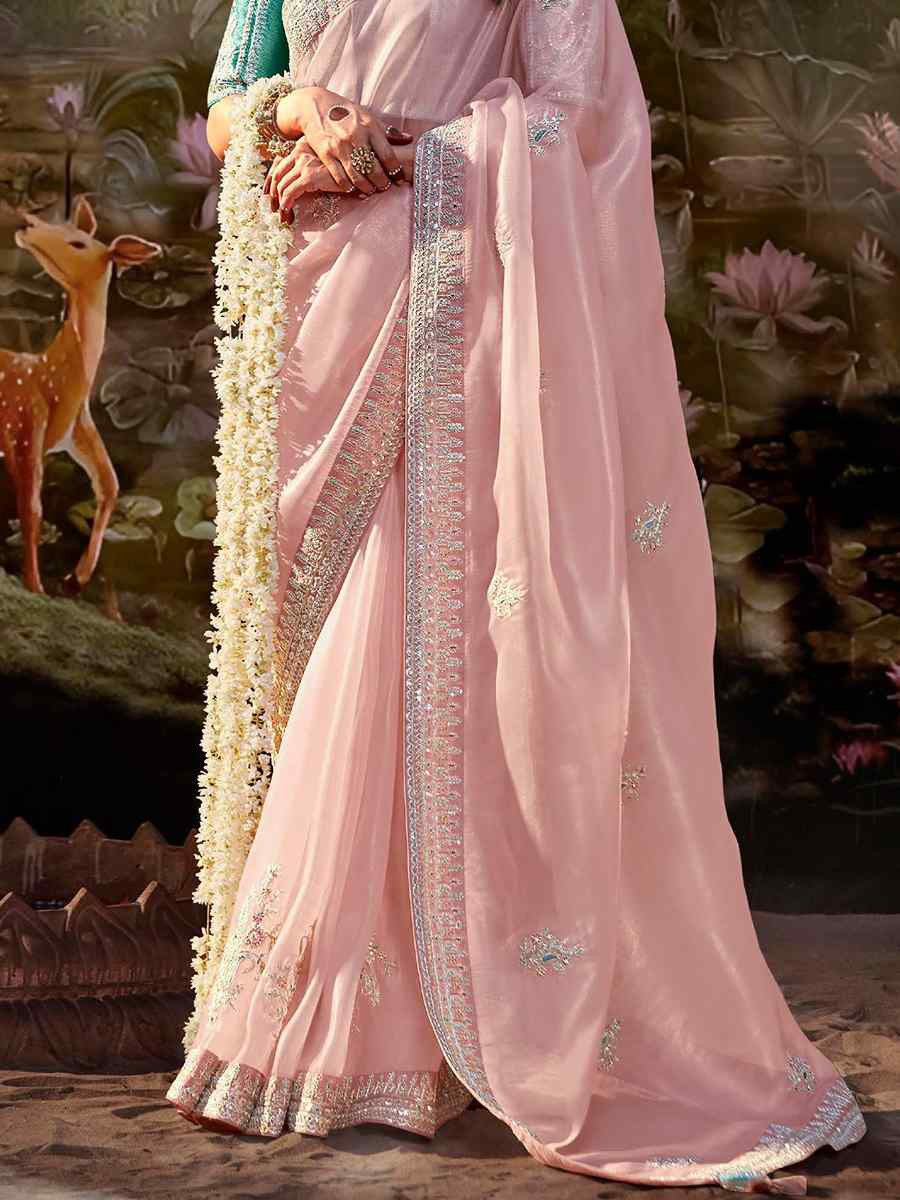 Peach Organza Chiffon Embroidered Reception Party Heavy Border Saree