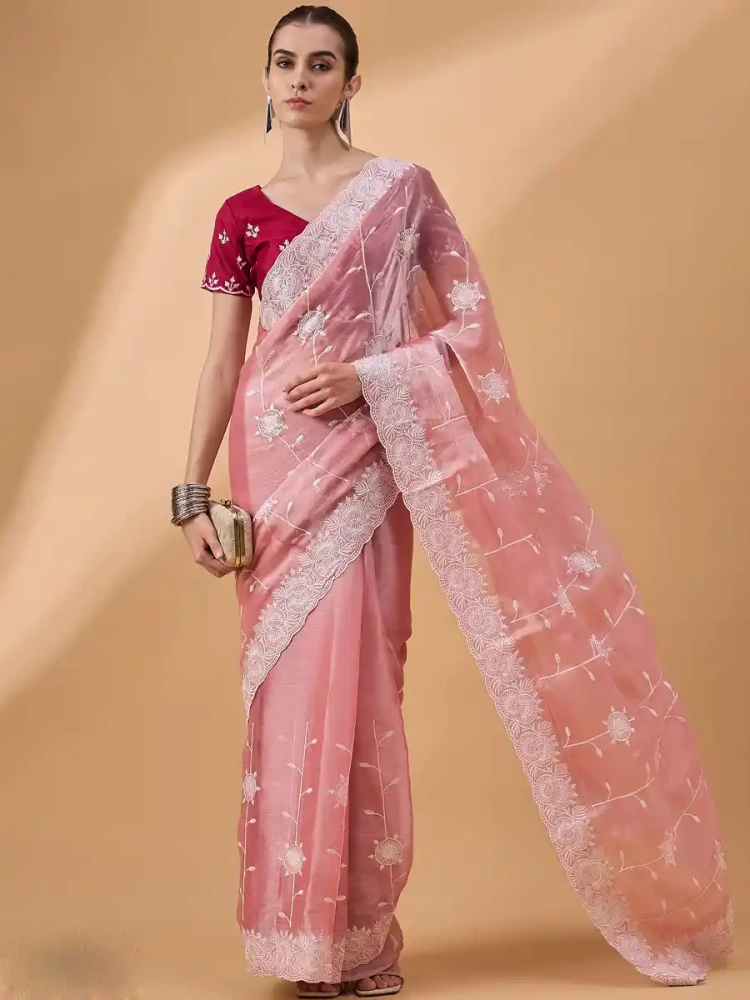 Peach Organza Embroidered Festival Casual Classic Style Saree