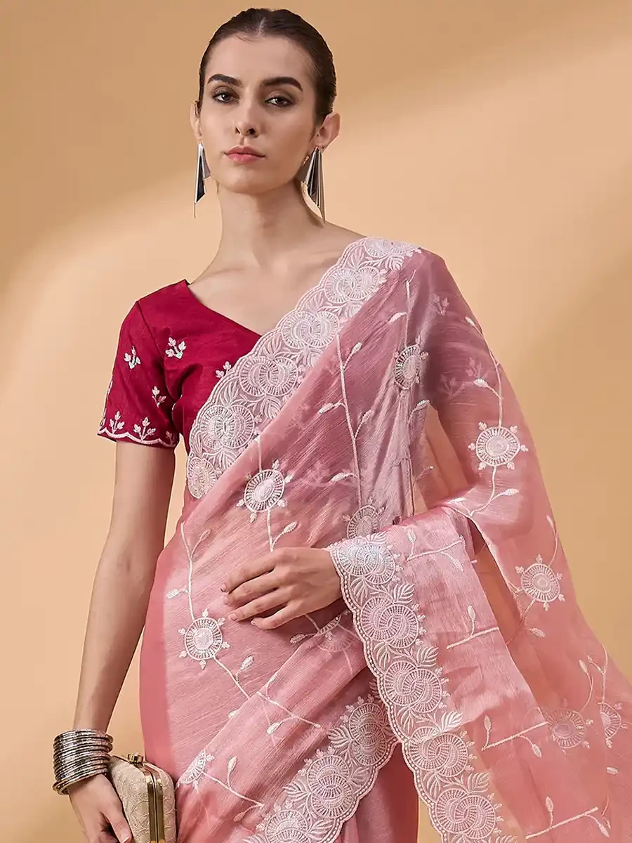 Peach Organza Embroidered Festival Casual Classic Style Saree