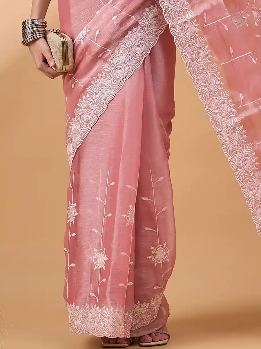 Peach Organza Embroidered Festival Casual Classic Style Saree