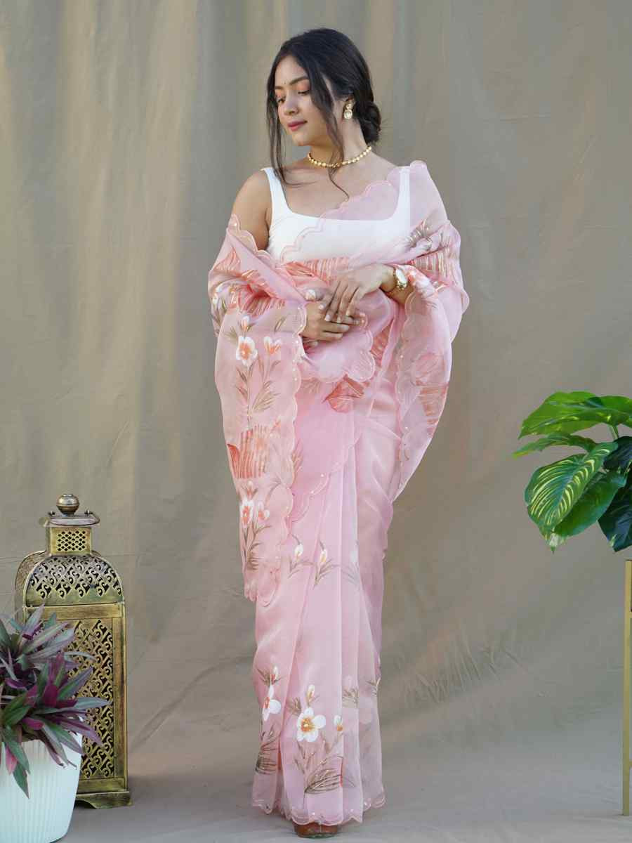 Peach Organza Handwoven Festival Party Classic Style Saree