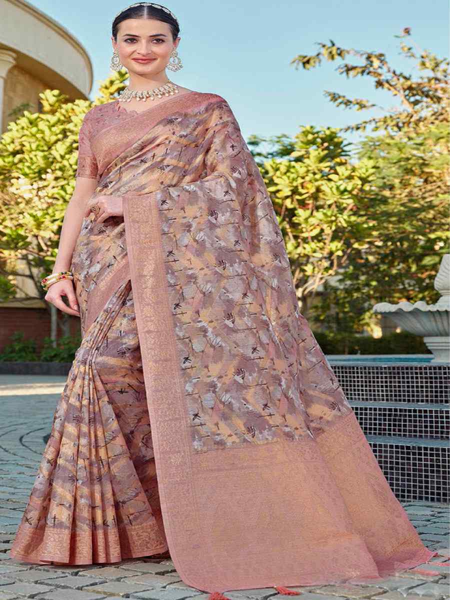 Peach Organza Handwoven Festival Wedding Heavy Border Saree