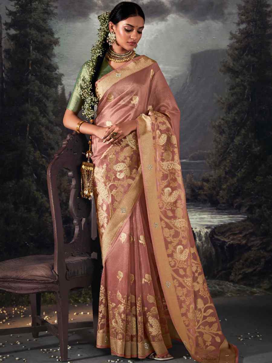 Peach Organza Handwoven Festival Wedding Heavy Border Saree