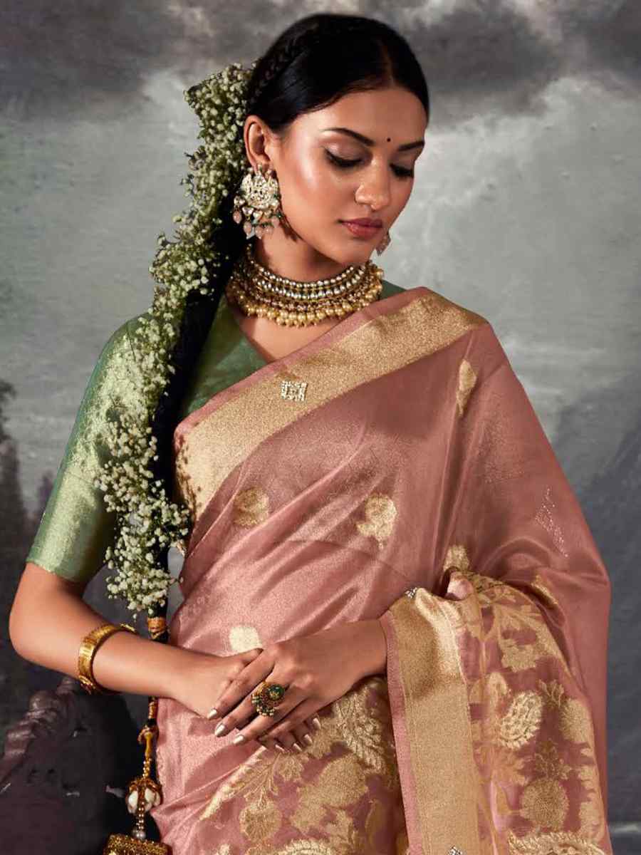 Peach Organza Handwoven Festival Wedding Heavy Border Saree