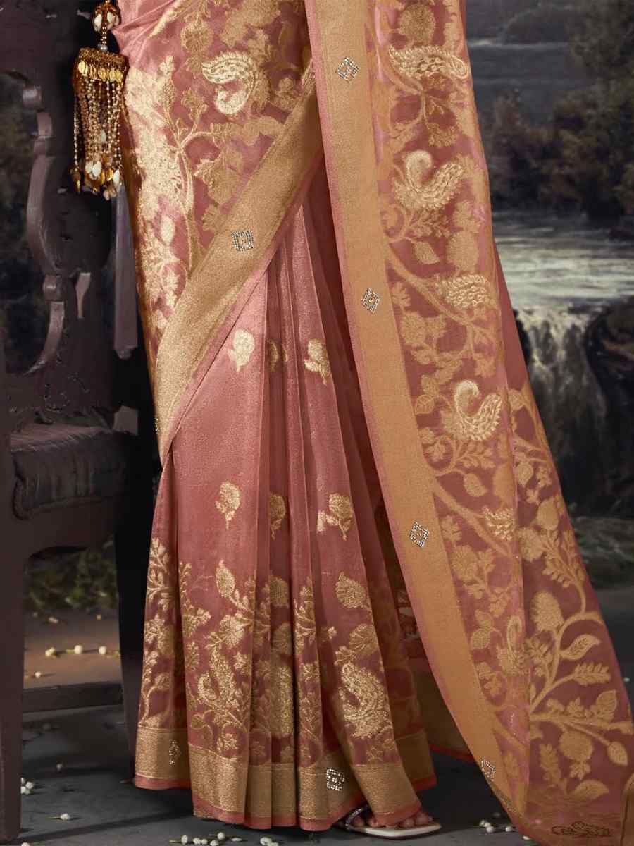 Peach Organza Handwoven Festival Wedding Heavy Border Saree