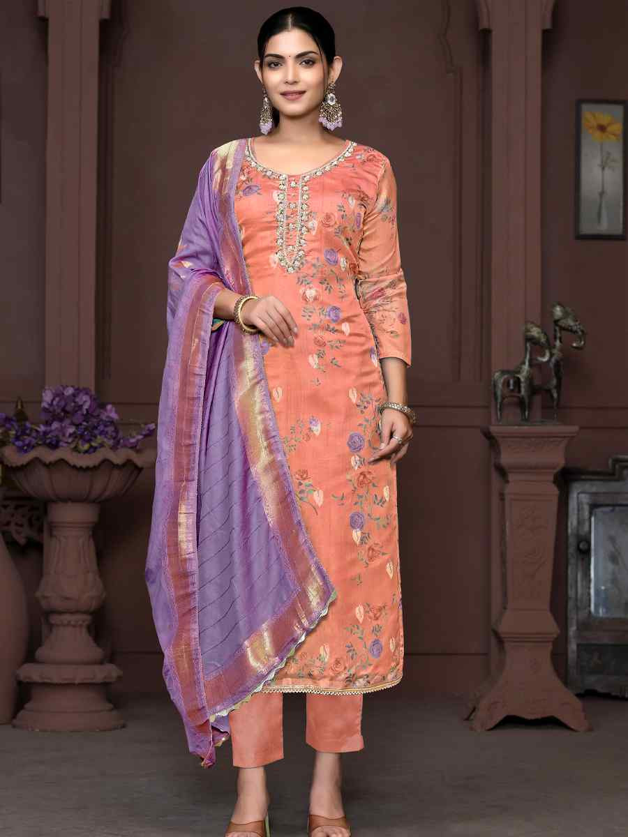 Peach Organza Jacquard Embroidered Casual Festival Pant Salwar Kameez