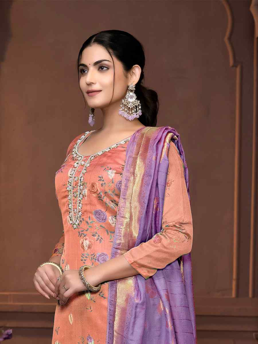 Peach Organza Jacquard Embroidered Casual Festival Pant Salwar Kameez