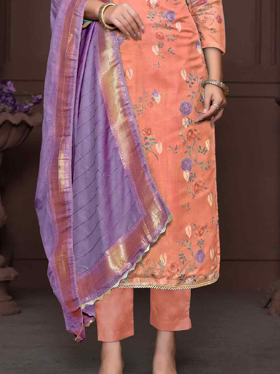 Peach Organza Jacquard Embroidered Casual Festival Pant Salwar Kameez