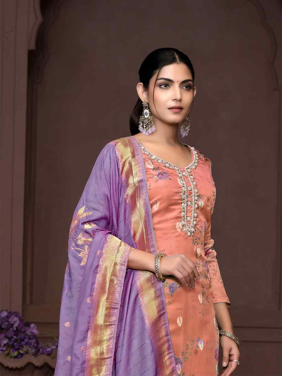 Peach Organza Jacquard Embroidered Casual Festival Pant Salwar Kameez