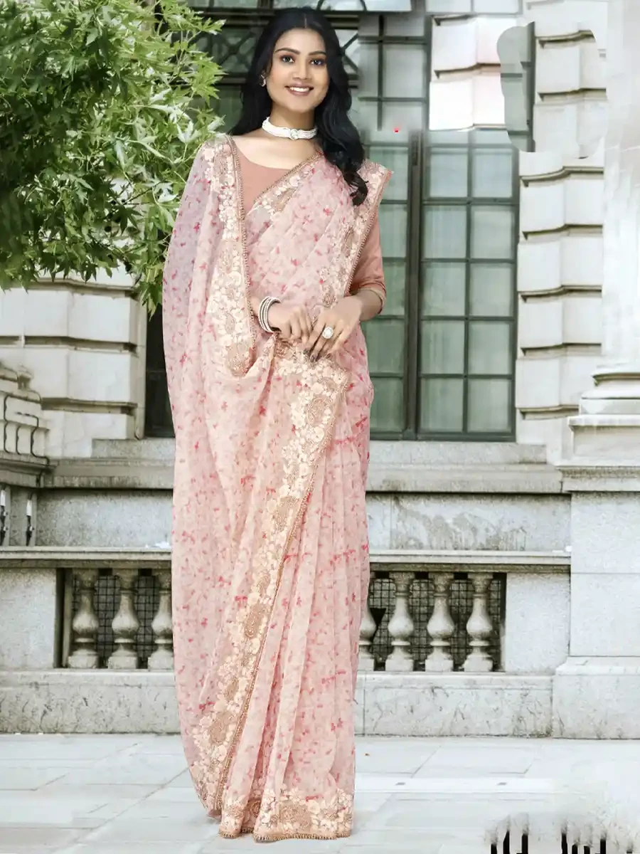 Peach Organza Printed Festival Casual Classic Style Saree