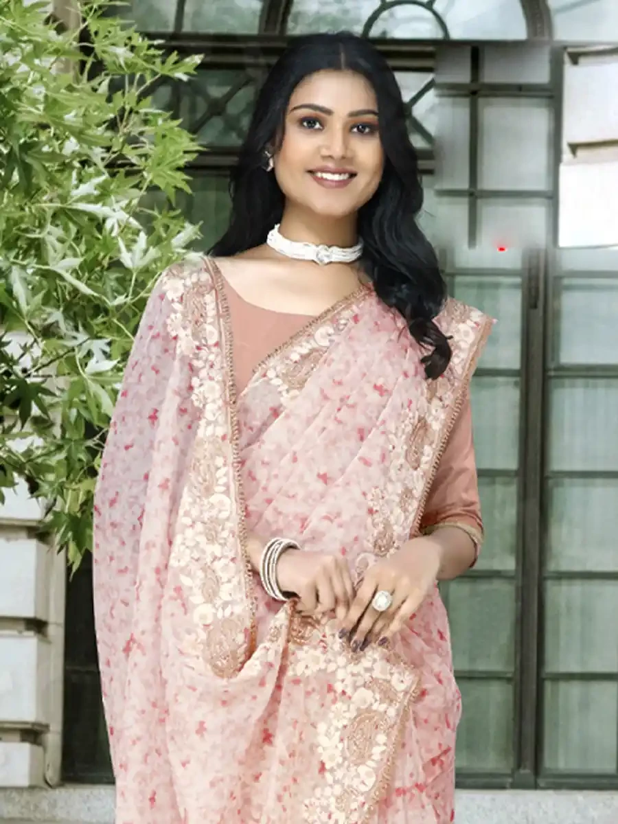 Peach Organza Printed Festival Casual Classic Style Saree