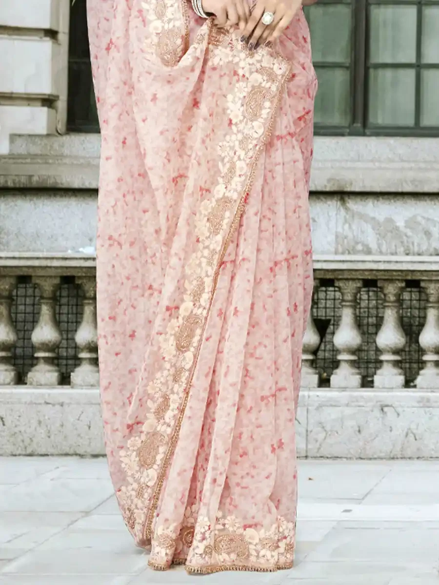 Peach Organza Printed Festival Casual Classic Style Saree