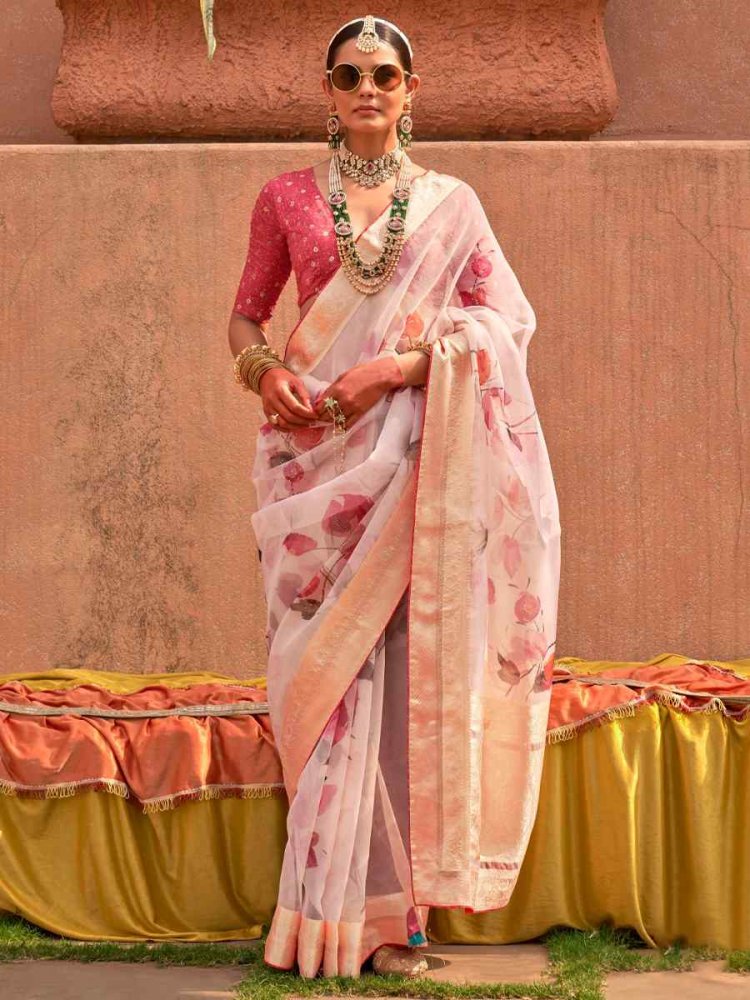 Peach Organza Silk Handwoven Festival Casual Heavy Border Saree