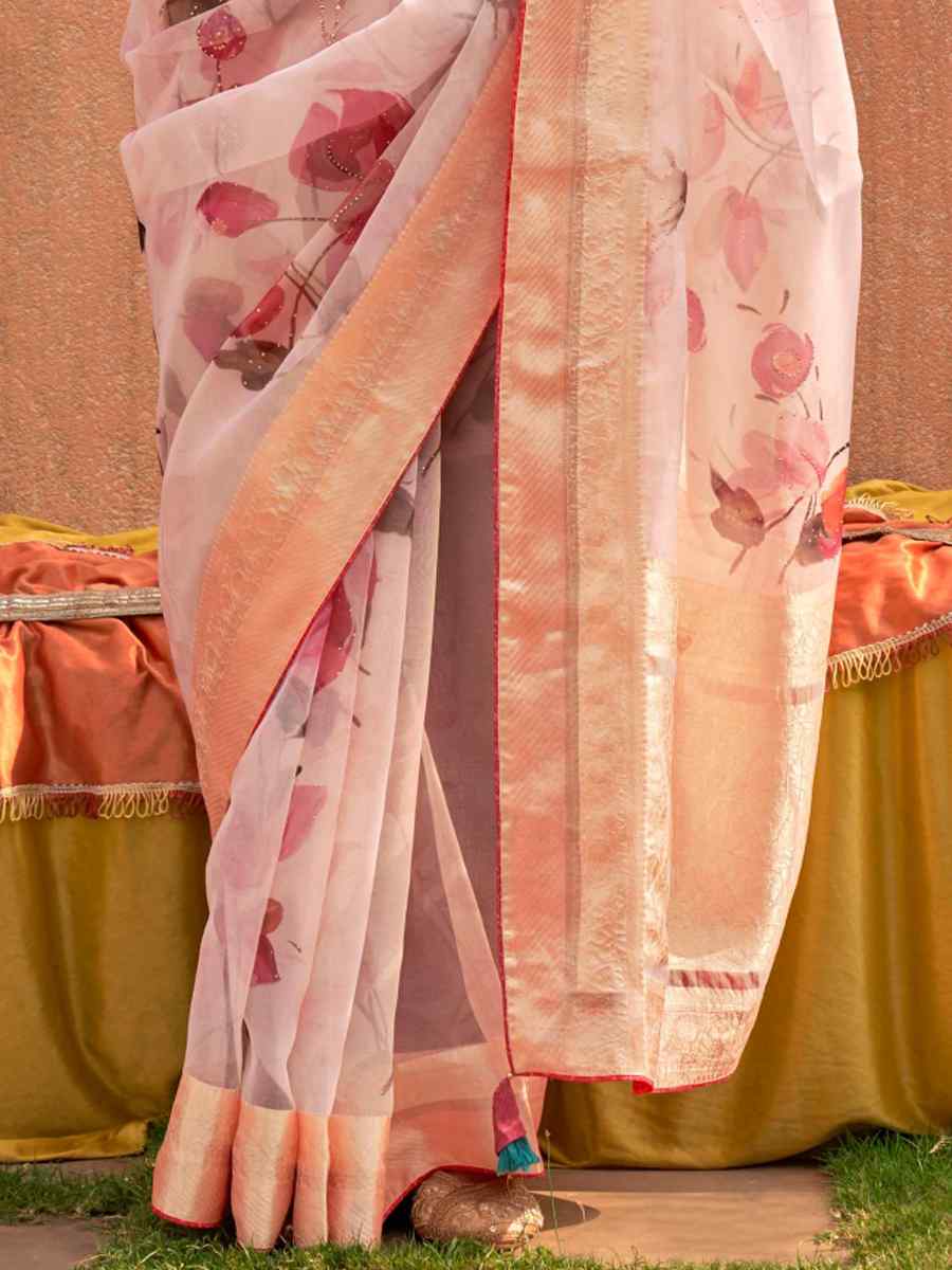 Peach Organza Silk Handwoven Festival Casual Heavy Border Saree