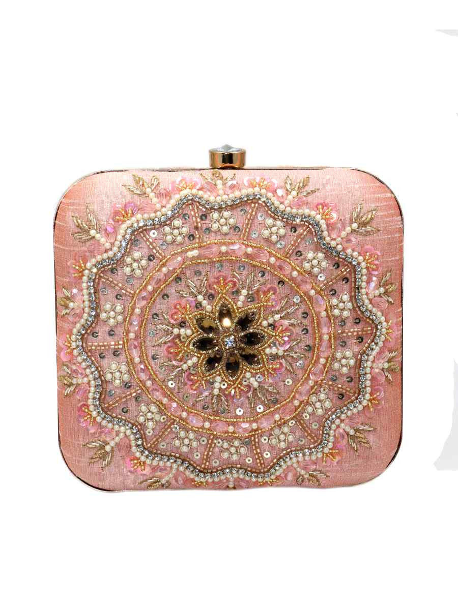 Peach Pink Art Silk Party Wear Embroidered Clutches