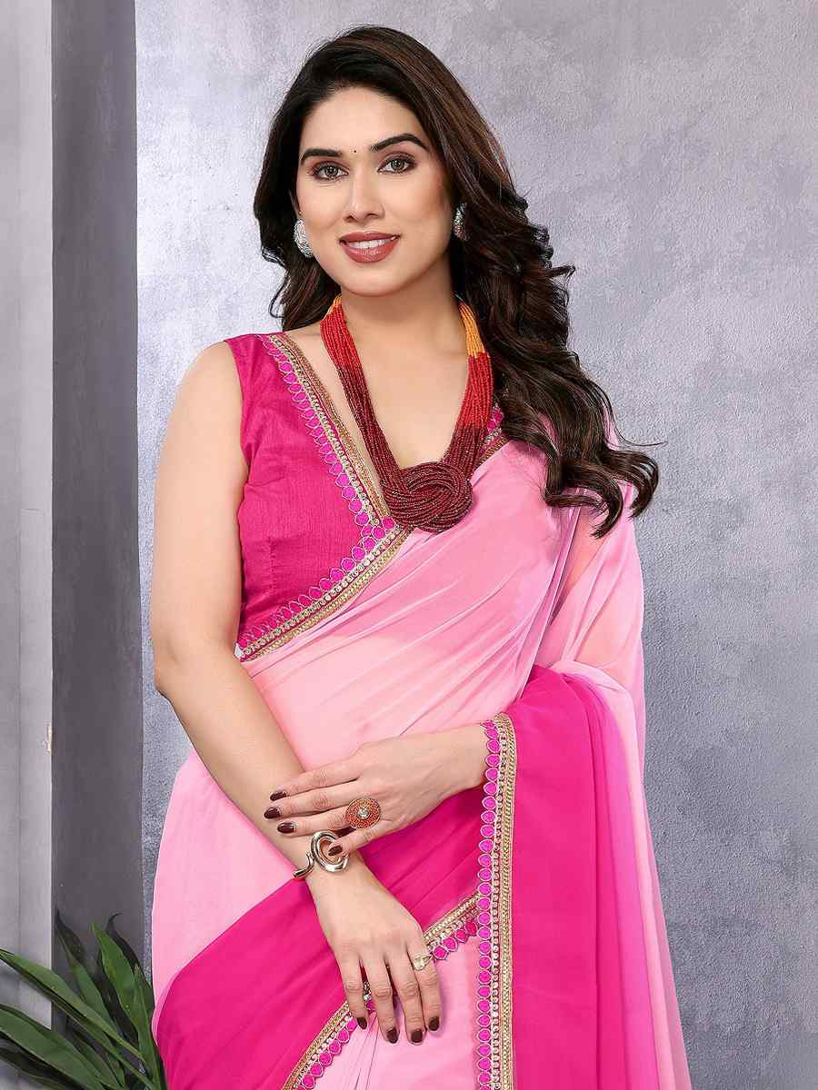 Peach Pink Faux Georgette Printed Casual Festival Classic Style Saree