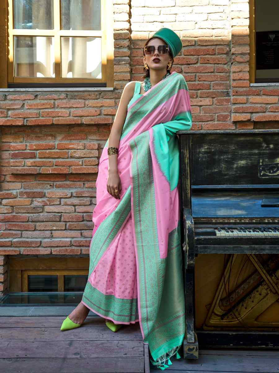 Peach Pink Silk Handwoven Festival Wedding Heavy Border Saree