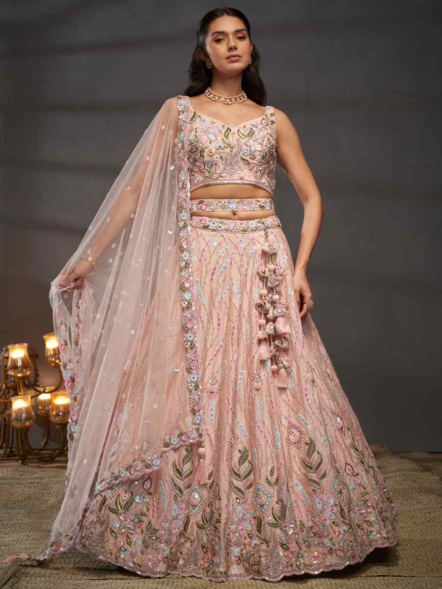 Peach Poly Chiffon Embroidered Bridal Wedding Heavy Border Lehenga Choli