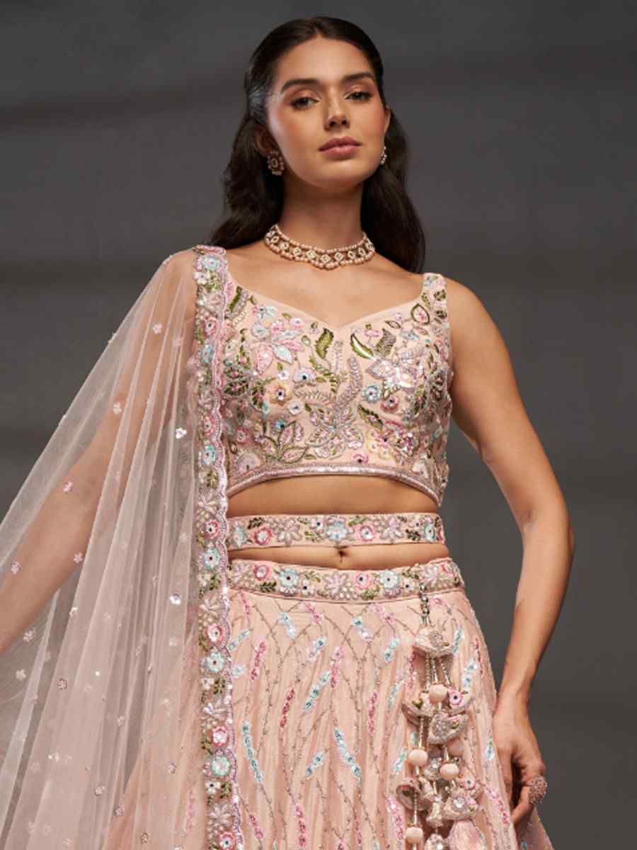 Peach Poly Chiffon Embroidered Bridal Wedding Heavy Border Lehenga Choli