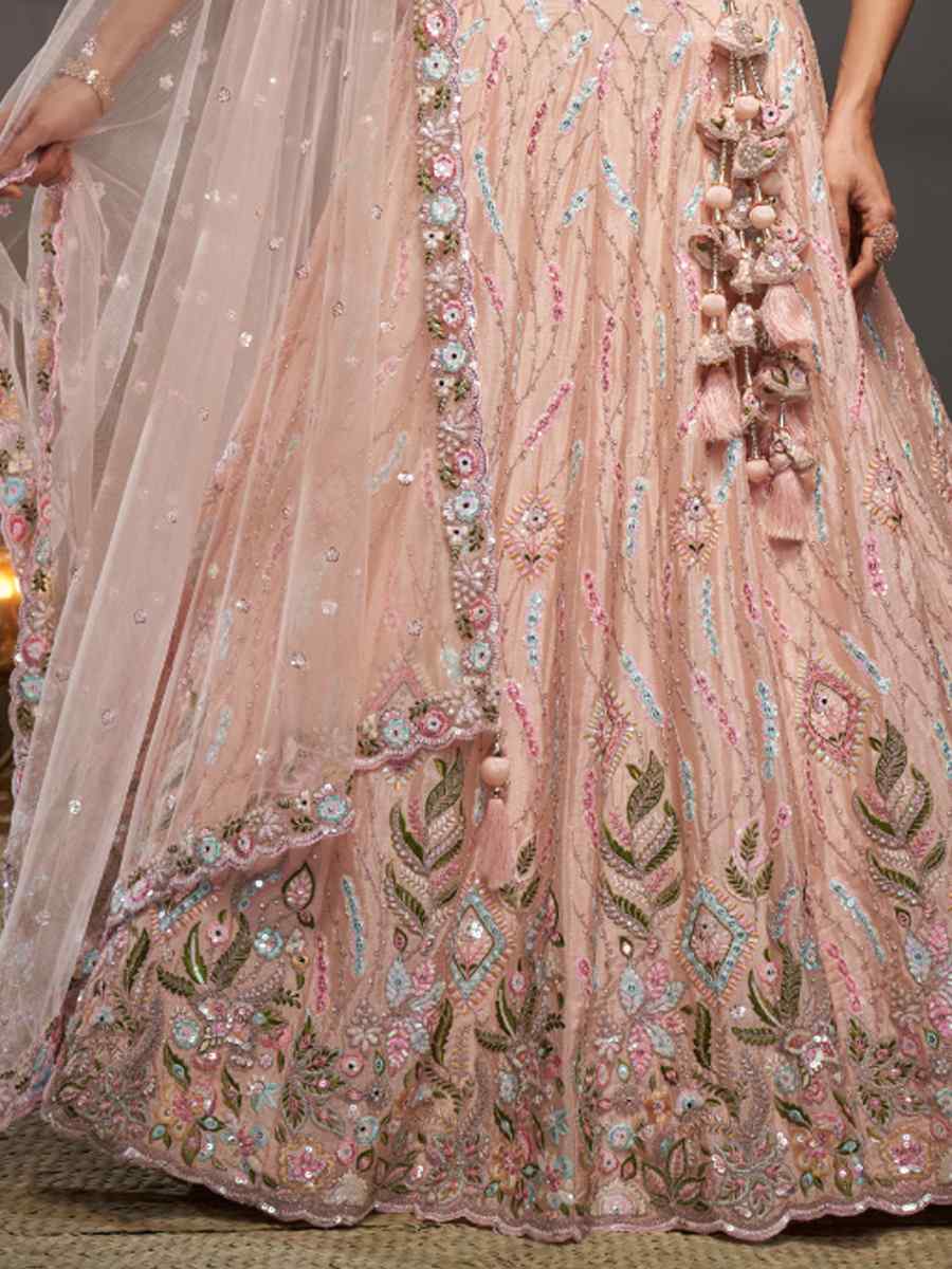 Peach Poly Chiffon Embroidered Bridal Wedding Heavy Border Lehenga Choli