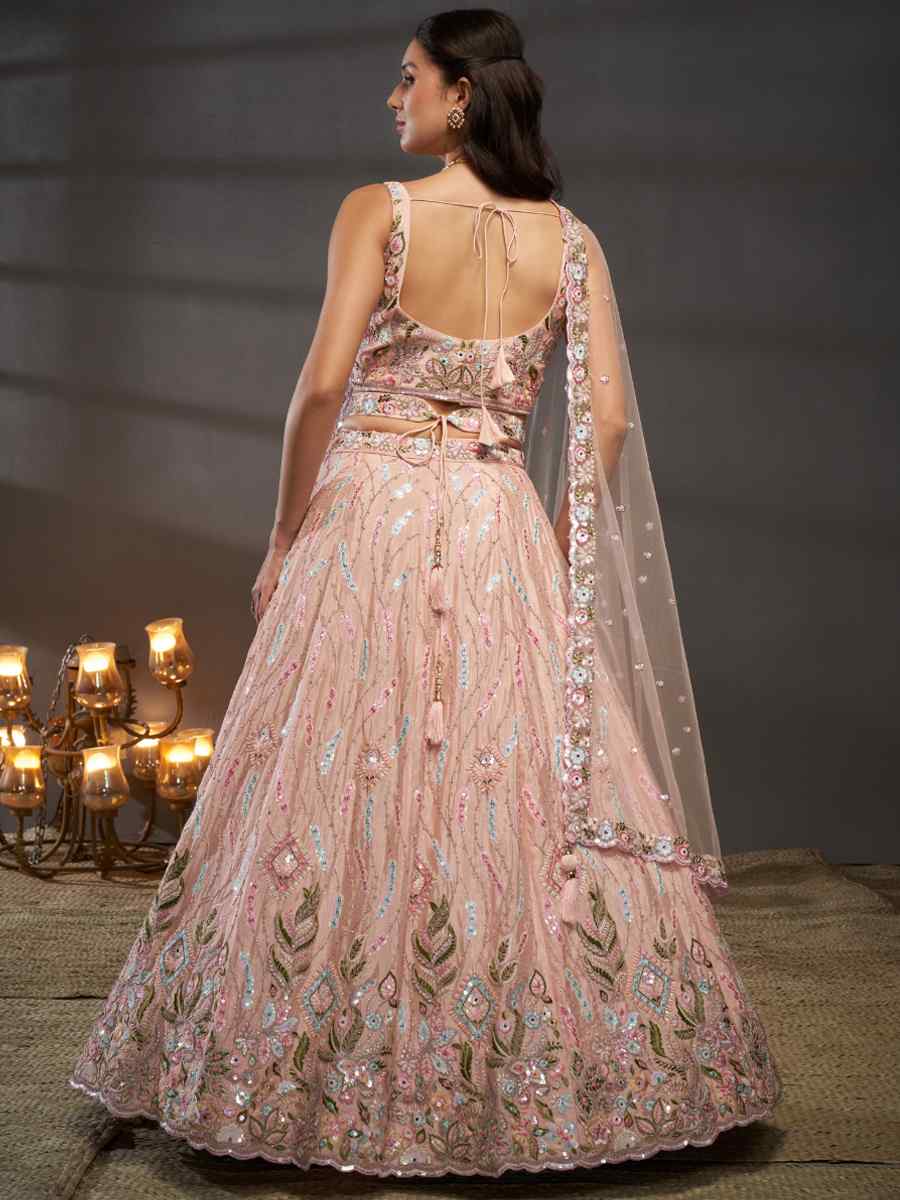 Peach Poly Chiffon Embroidered Bridal Wedding Heavy Border Lehenga Choli