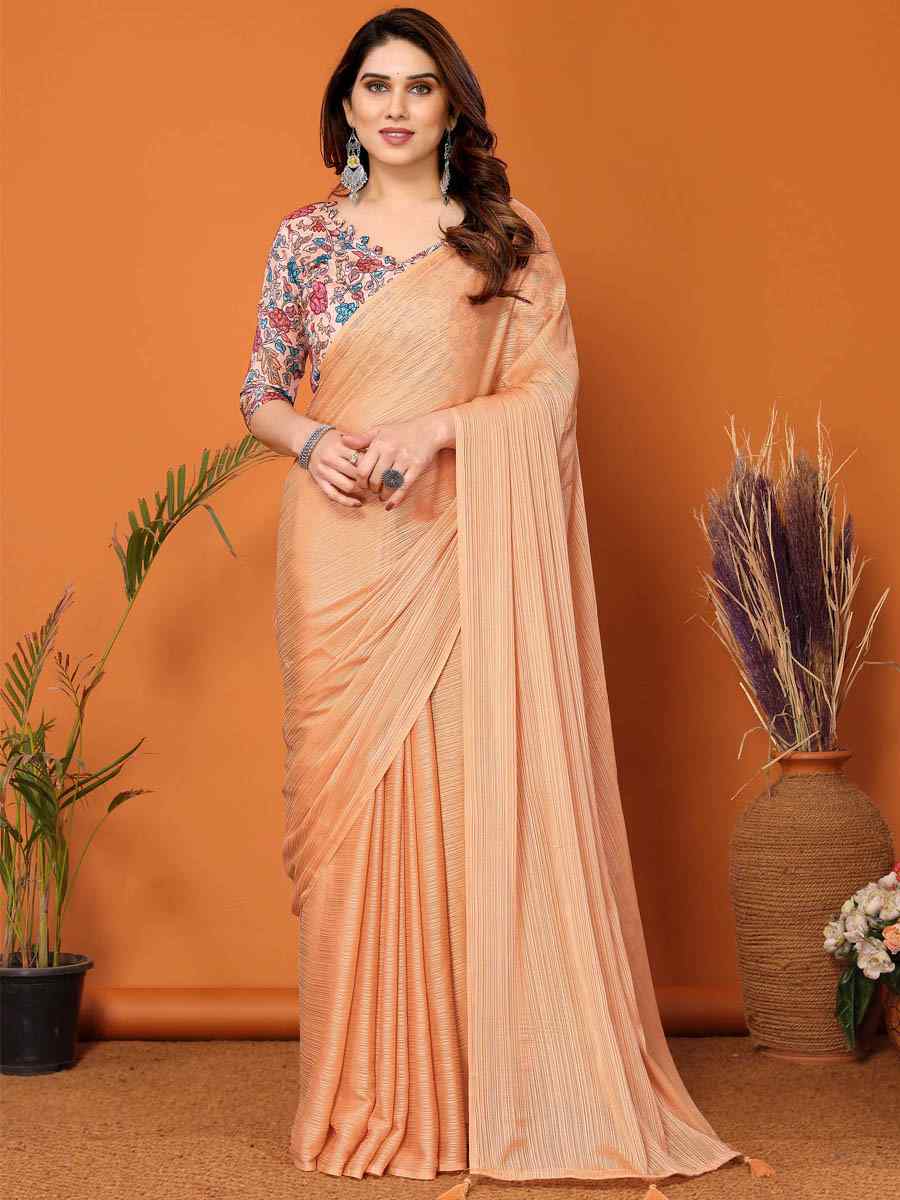 Peach Polyester Silk Handwoven Festival Casual Classic Style Saree