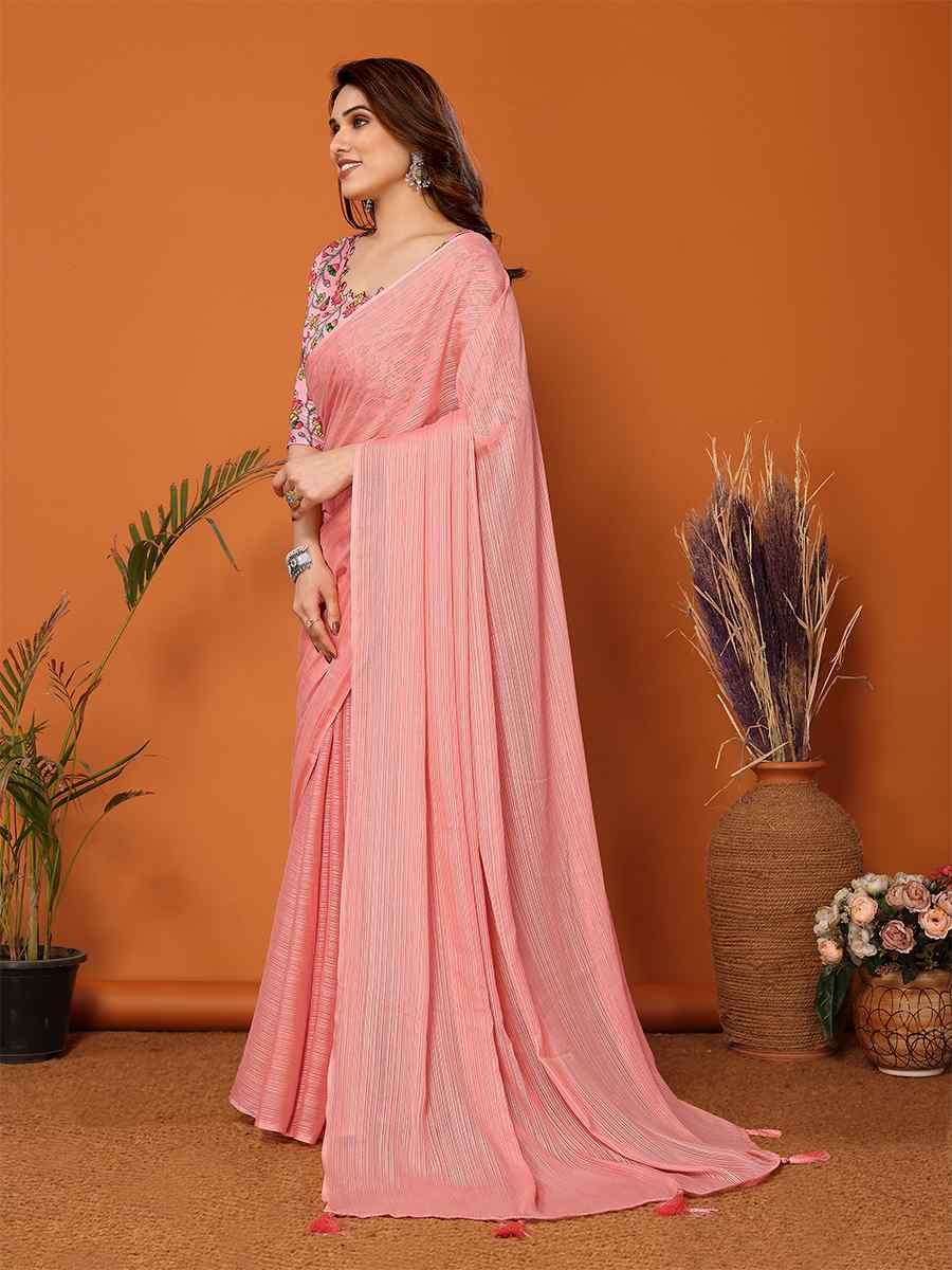 Peach Polyster Printed Festival Party Contemporary Saree