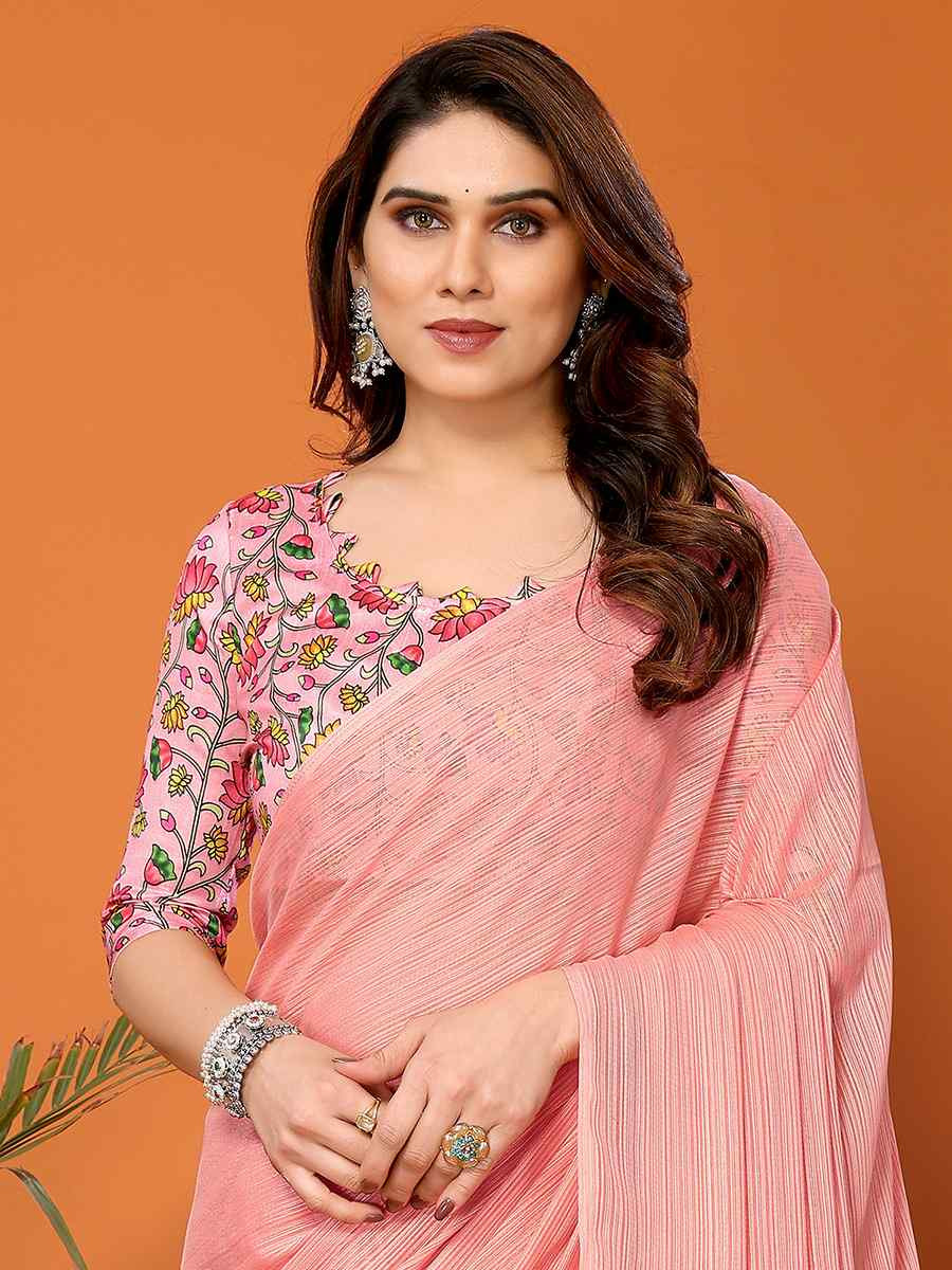 Peach Polyster Printed Festival Party Contemporary Saree