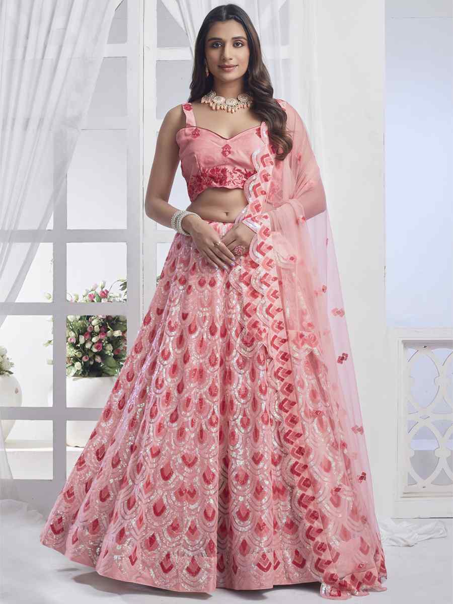 Peach Premium Net Embroidered Bridesmaid Wedding Heavy Border Lehenga Choli