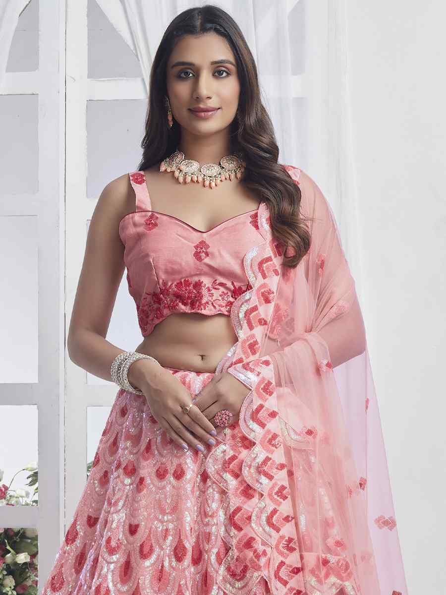 Peach Premium Net Embroidered Bridesmaid Wedding Heavy Border Lehenga Choli