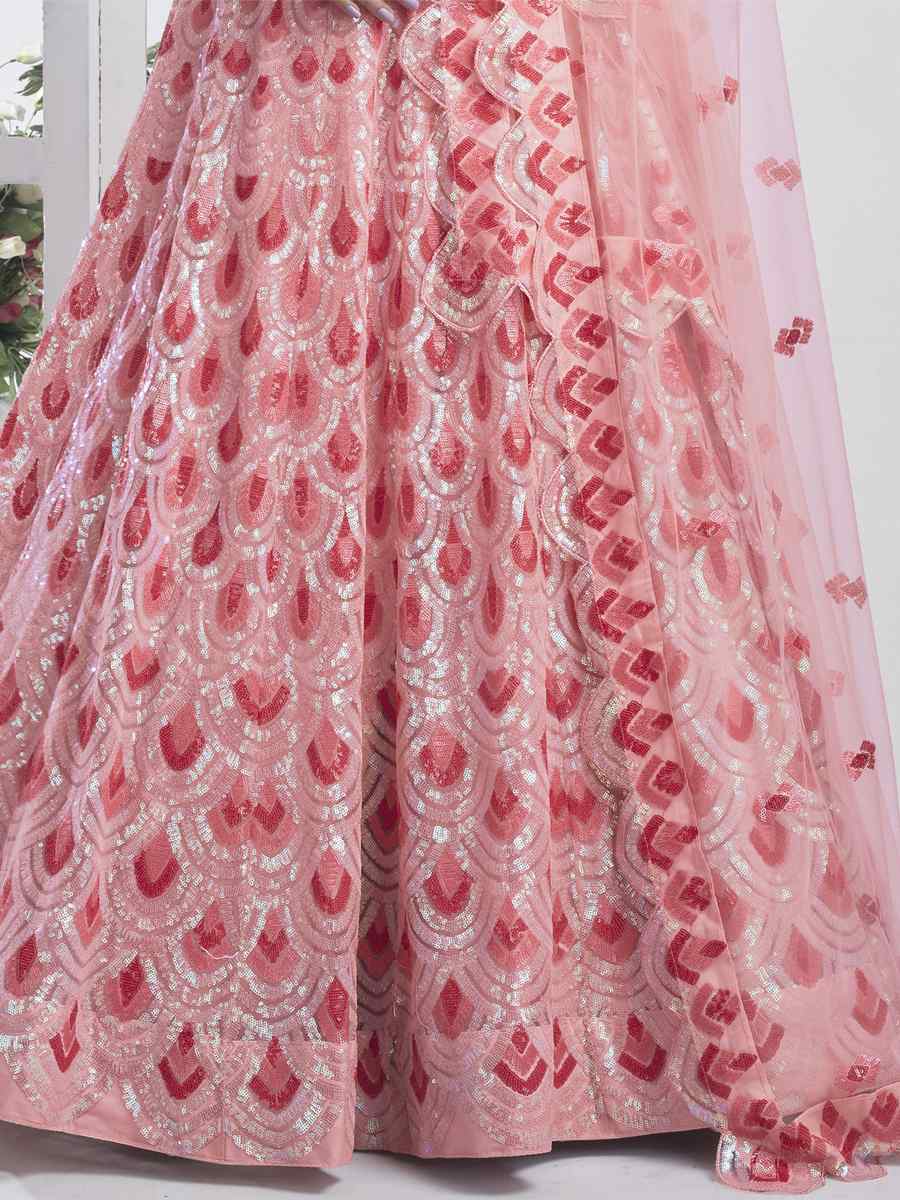 Peach Premium Net Embroidered Bridesmaid Wedding Heavy Border Lehenga Choli