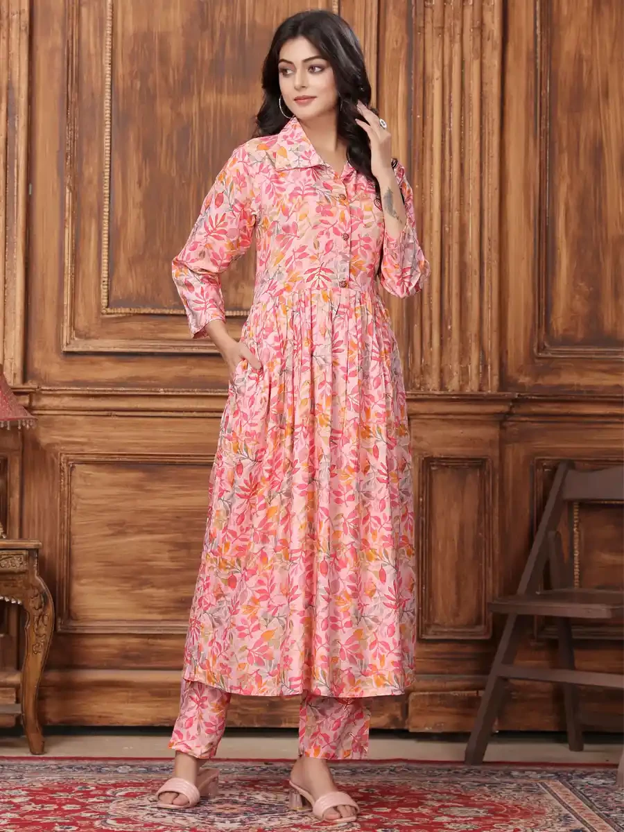 Peach Premium Rayon Printed Festival Casual Gown