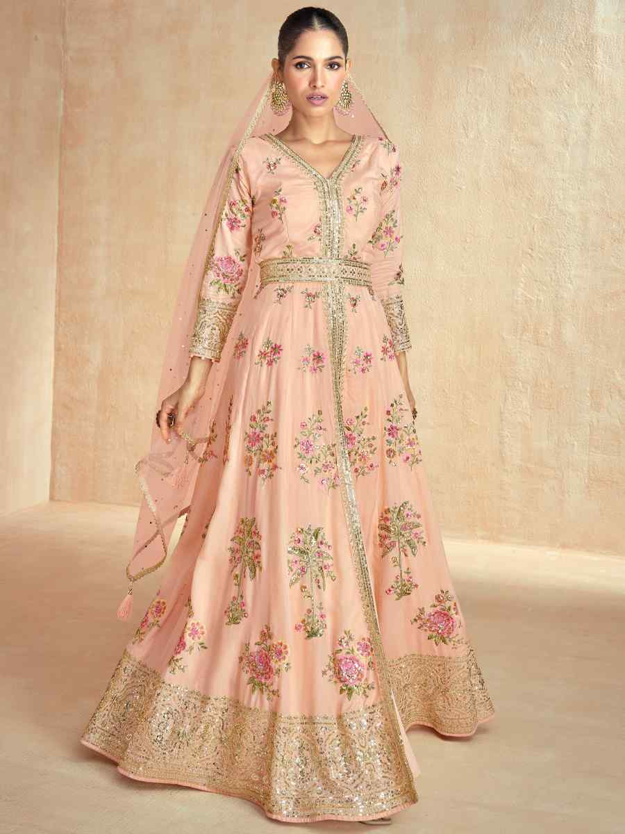 Peach Premium Silk Embroidered Festival Wedding Anarkali Salwar Kameez