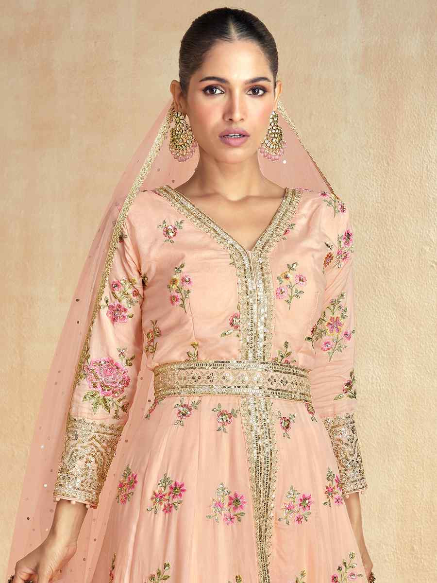 Peach Premium Silk Embroidered Festival Wedding Anarkali Salwar Kameez