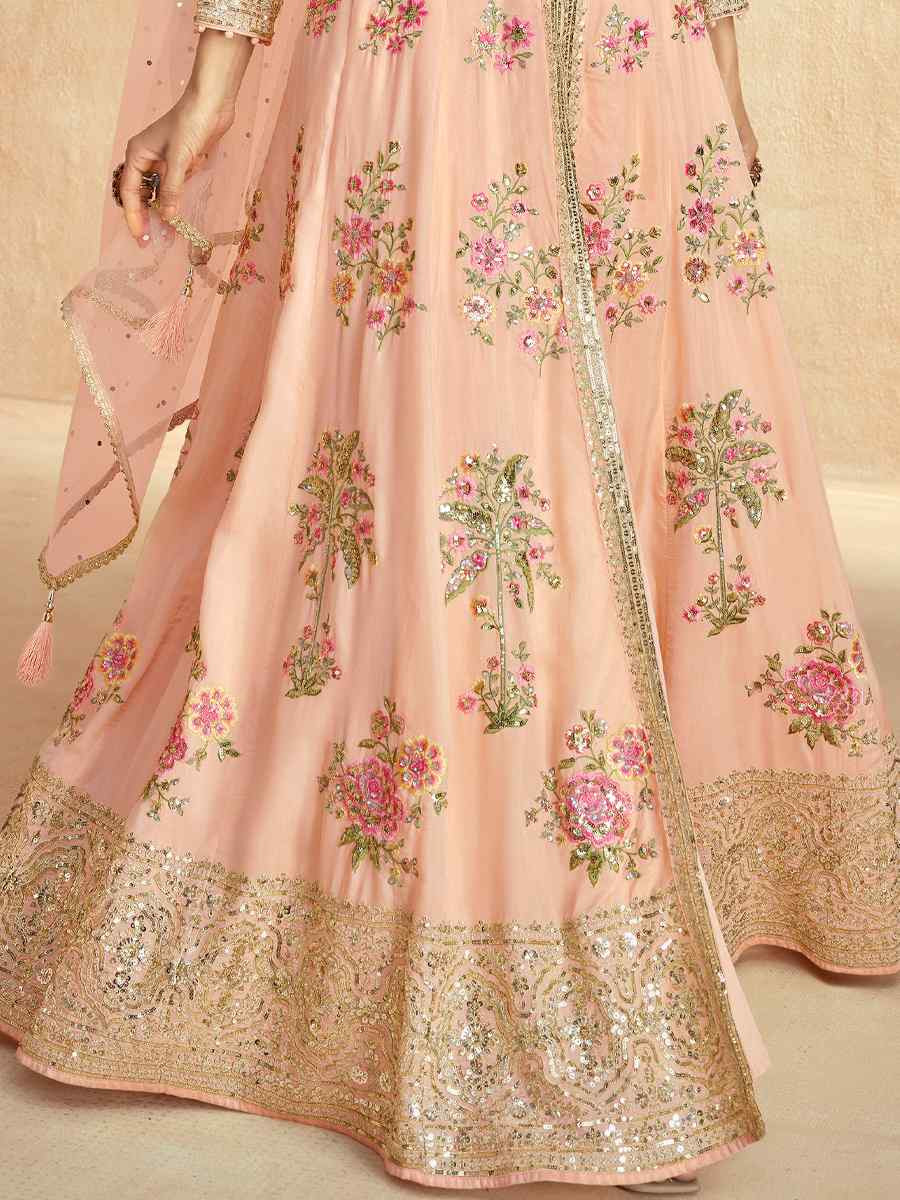 Peach Premium Silk Embroidered Festival Wedding Anarkali Salwar Kameez