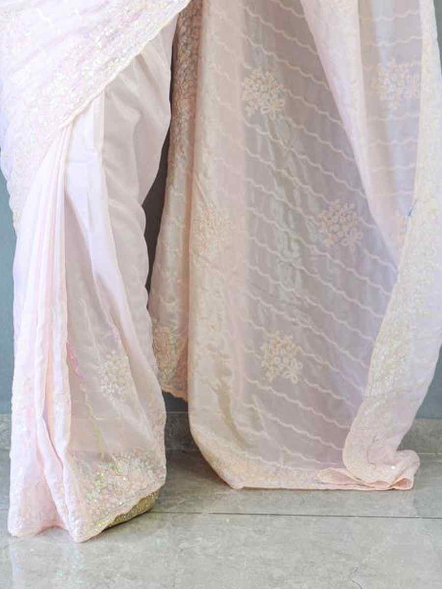 Peach Pure Chinon Silk Handwoven Festival Wedding Heavy Border Saree