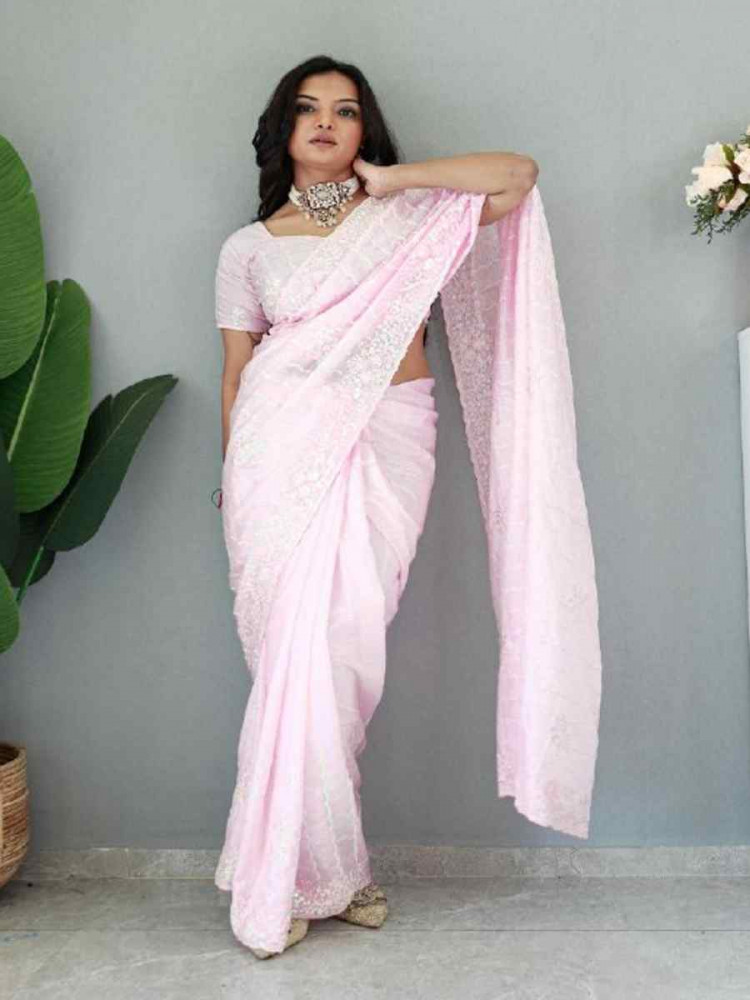 Peach Pure Chinon Silk Handwoven Festival Wedding Heavy Border Saree