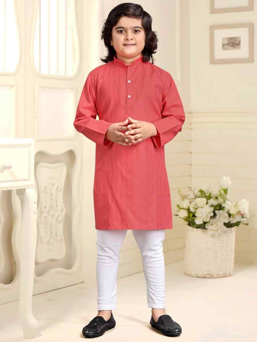 Peach Pure Cotton Slub Zardosi Festival Traditional Kurta Pyjama Boys Wear